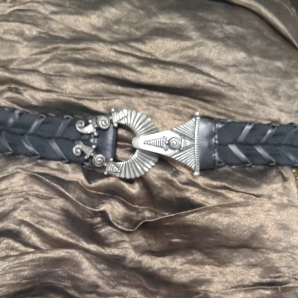 Pewter Hook Deco- Goth Stretchy Braided Black Leather Belt - Picture 2 of 9